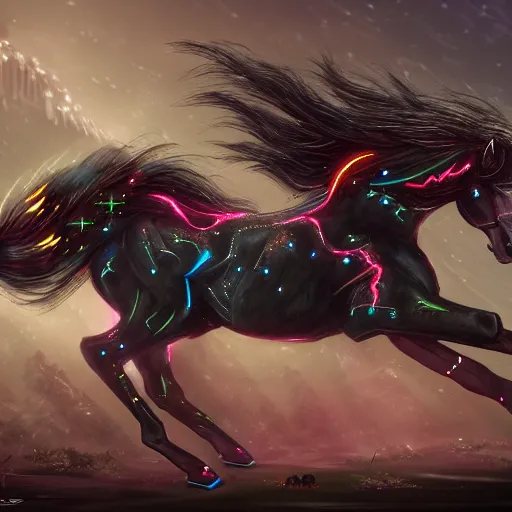 Prompt: cybernetic neo - equine mind transfer : horse - like creatures running impossibly fast through the night, reveling in their machine - aided grace and supremacy over any natural creature, artstation furaffinity