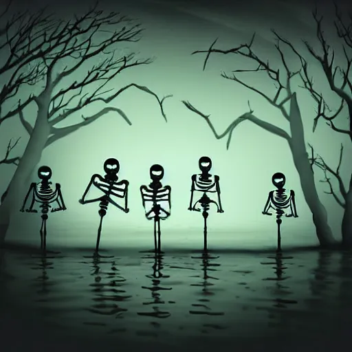 Prompt: Macabre Dancing skeletons eerie moonlit under water scene