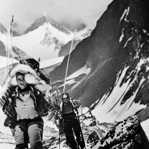 Prompt: b&w photo of Frida kahlo and Salvador Dali skiing down mount Everest