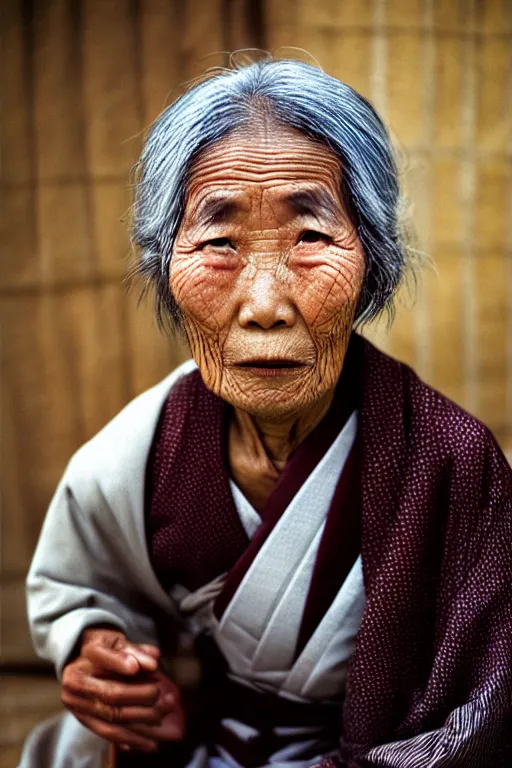 Prompt: photograph of an old japanese woman, photograph by steve mccurry