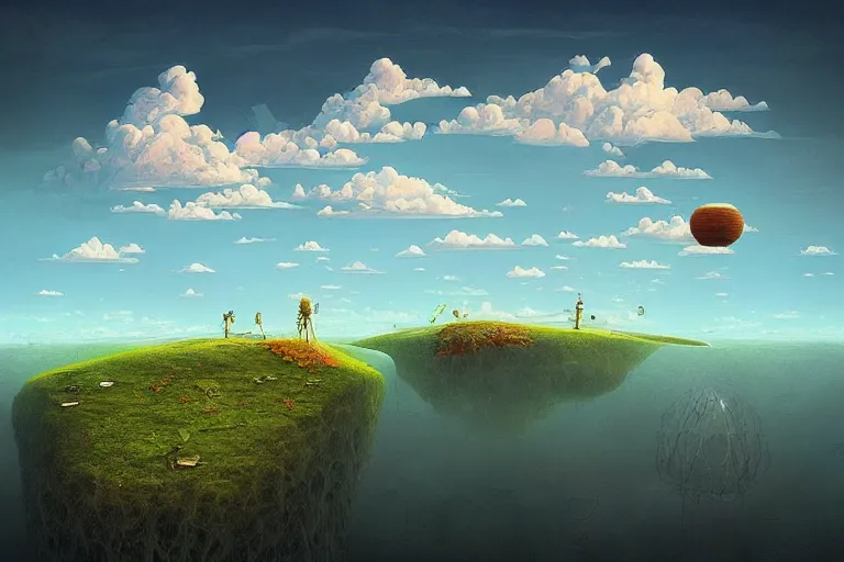 Image similar to surreal glimpse into other universe, floating island in the sky, summer morning, very coherent and colorful high contrast, art by!!!! gediminas pranckevicius!!!!, geof darrow, dark shadows, hard lighting