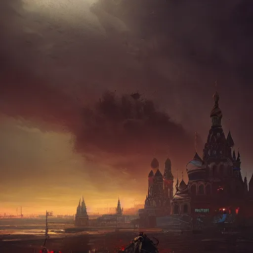 Image similar to saint petersbourg in a post apocalyptic earth as seen by greg rutkowski, dark theme, enchanted, warm colors, high quality, waw, trending on artstation