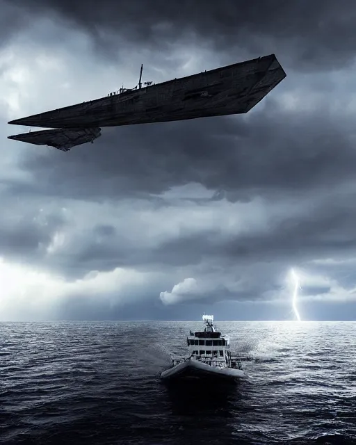 Image similar to a fishing boat on stormy seas, a gigantic star destroyer spaceship flying overhead, the star destroyer spaceship is emerging from storm clouds, stormy weather, lightning, dusk hour lighting, dramatic lighting, unreal engine, hyper realism, realistic shading, cinematic composition, realistic render, octane render, detailed textures, photorealistic, ultrawide shot, 1 6 mm lens