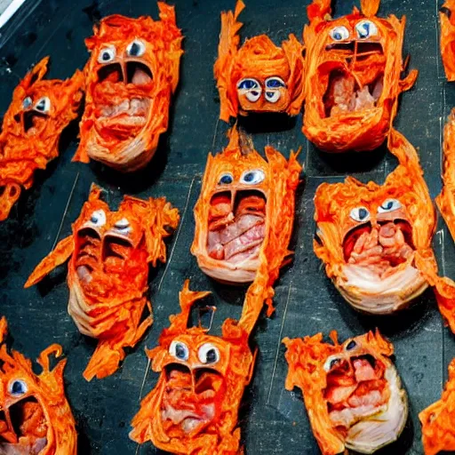 Prompt: an ominous terrifying being made of kimchi and hatred