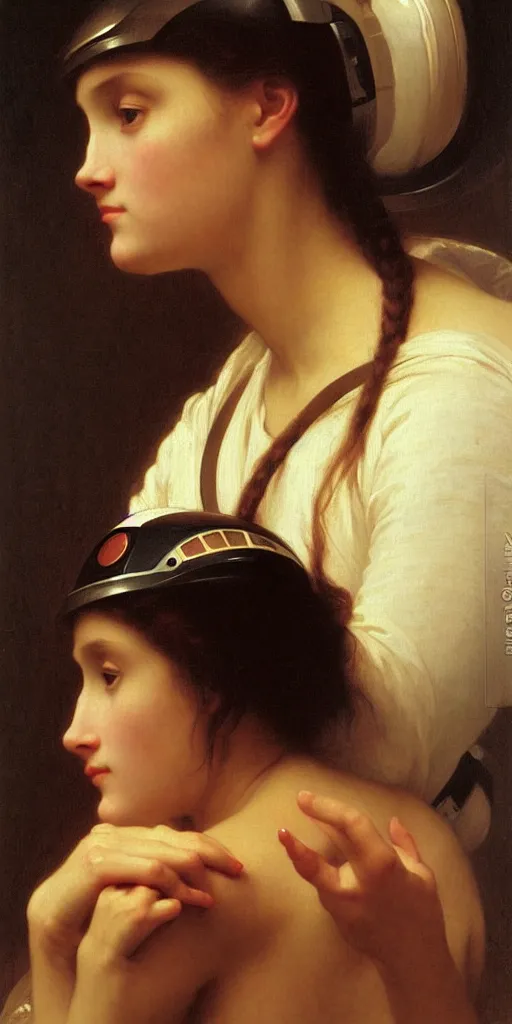 Image similar to portrait of a woman in astronaut helmet an ancient human specie, by bouguereau