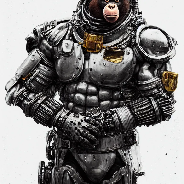 Image similar to a portrait of a muscular anthropomorphic cyberpunk chimp in spacesuit armor with ensignia on chest plate by sandra chevrier, by jon foster, detailed render, post - processing, extremely hyperdetailed, intricate, epic composition, cybernetics, 4 k realistic, cryengine, realistic shaded lighting, sharp focus, masterpiece, by enki bilal