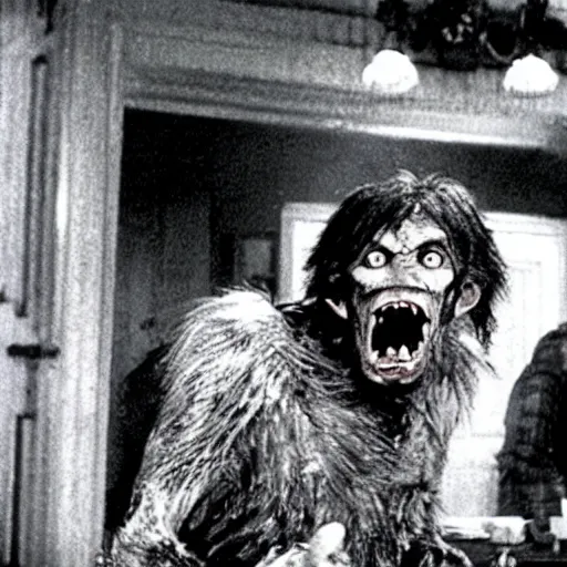 Image similar to film still of a funny looking werewolf extending out his hand, asking for food, in an american werewolf in london