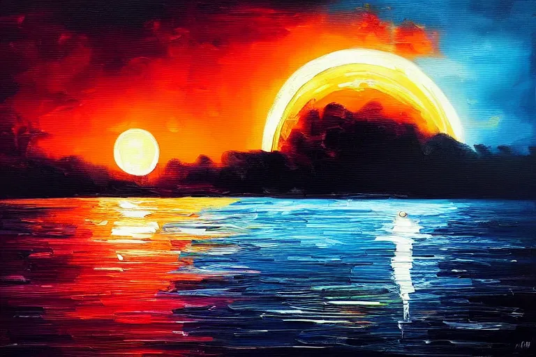 Prompt: solar eclipse, art in the style of alena aenami, oil on canvas