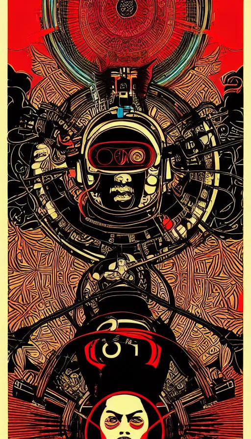 Image similar to !dream Illustrated by Shepard Fairey and H.R. Geiger | Cyberpunk Samurai with VR helmet, surrounded by cables