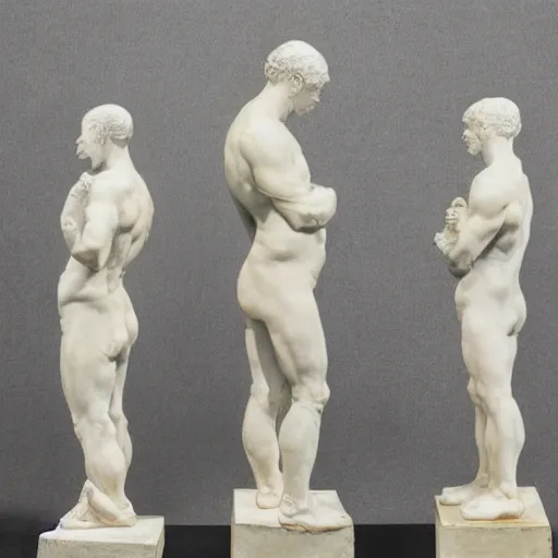 Prompt: a line of detailed white stone male statures lined up, oil paint, classic art, 1 6 century style, volume light