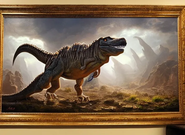 Image similar to oil painting of a dinosaur on canvas, by James gurney, realism, warm lighting, award winning, high detail, professional, volumetric lighting