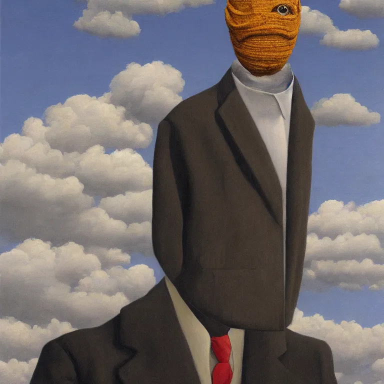 Image similar to portrait of a faceless burlap sack - head man in a suit, clouds in the background, by rene magritte, detailed painting, distance, centered, hd, hq, high resolution, high detail, 4 k, 8 k