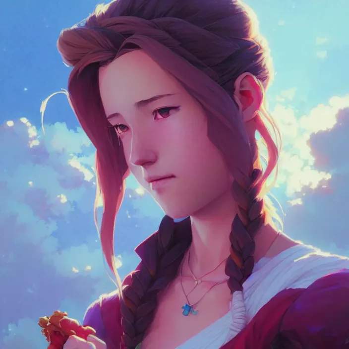 Image similar to super epically depicted color pencil portrait art of aerith gainsborough, by stephen bliss, greg rutkowski, loish, rhads, makoto shinkai and lois van baarle, ilya kuvshinov, rossdraws.