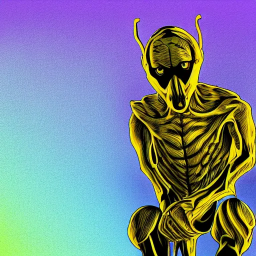 Image similar to human man that resembles a wasp morh in surreal sketch style, blue and yellow gradient, noise, ultrafine detail, hd 8k, logo illustration