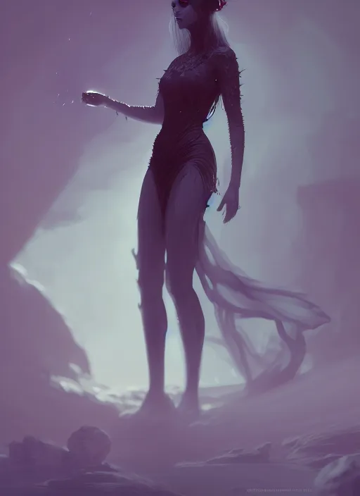 Prompt: satan daughter wearing gown, full body, pyromancer, intricate, elegant, highly detailed, digital painting, artstation, concept art, smooth, sharp focus, illustration, ethereal, misty, by ilya kuvshinov and jeremy mann, 8 k, octane render