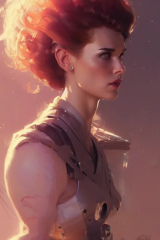 Prompt: head portrait of 8 0 s scifi elegant pretty girl, cinematic, detailed, dynamic, artstation character, norman rockwell, everett raymond kinstler, artgerm, daniel gerhartz, greg rutkowski, pulp science fiction illustration