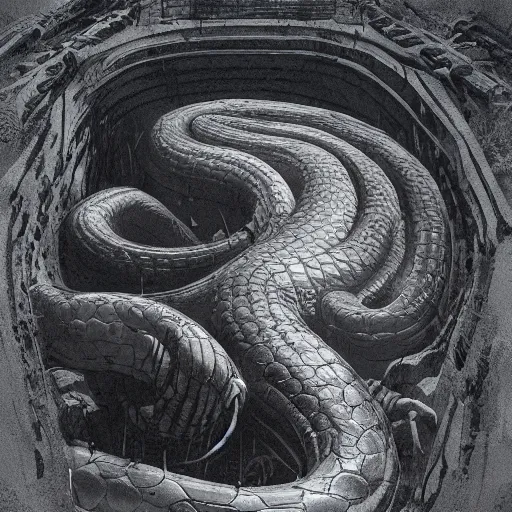Image similar to a big anaconda in a dark grave squeezing around a buried body, cemetery, horror ,digital art,realistic,detailed,art by greg rutkowski