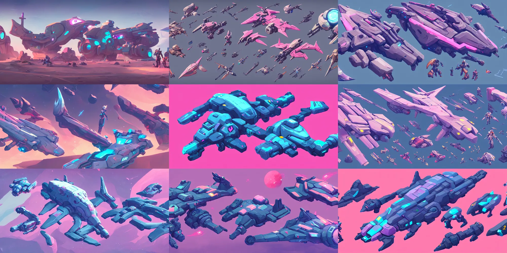 Prompt: game asset of exploration shapes and form of vehicles and spaceships, big medium small, in gouache detailed paintings, props, stylized, 2 d sprites, kitbash, arcane, overwatch, blue and pink color scheme, 8 k, close up