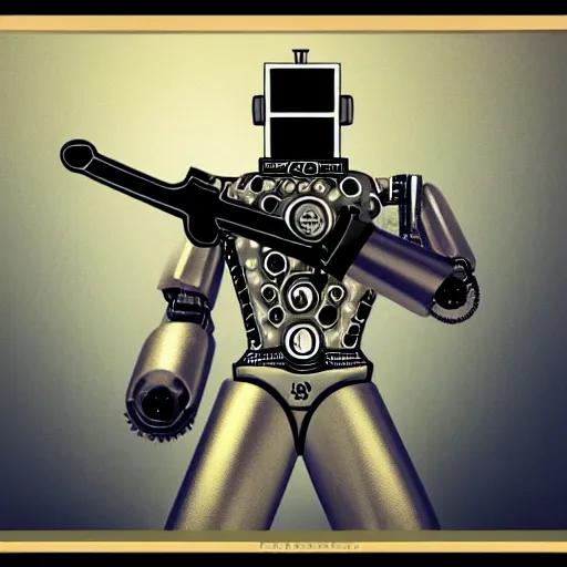 Image similar to a portrait of a robot holding a revolver, steampunk, holographic