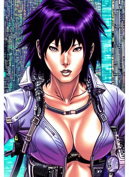 Image similar to motoko kusanagi in grungy cyberpunk megacity, intricate and finely detailed, cyberpunk vaporwave, portrait by j scott campbell