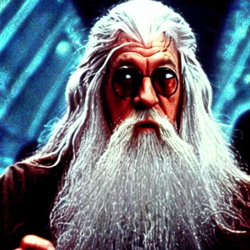 Prompt: a still of gandalf in the matrix (1999)