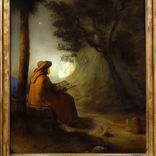 Prompt: a Druid reading an ancient scroll, sitting under a large palm tree in the desert next to a small fire, brown hooded cloak, ancient Egyptian city far away in the distance, night, dark, starry sky, oil on canvas by Rembrandt