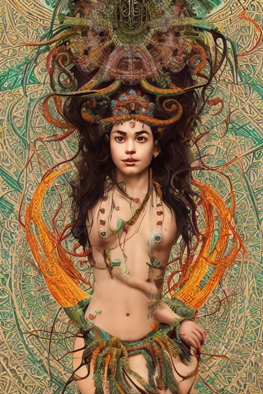 Prompt: an immaculate render of a dancing tribal goddess adorned with leaves and cables and bird wings, dancing in a temple surrounded by wild tentacles made from mandalas and incense smoke, full body, perfect face, powerful, cinematic, beautifully lit, by artgerm, by alphonse mucha, by android jones, 3 d, trending on artstation, octane render, 8 k