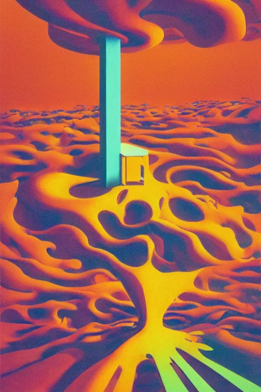 Image similar to a paper blotter tab of LSD acid melting into a surreal psychedelic hallucination, screenprint by Edward Hopper and James Gilleard, Zdzislaw Beksinski, Steven Outram colorful flat surreal design, hd, 8k, artstation