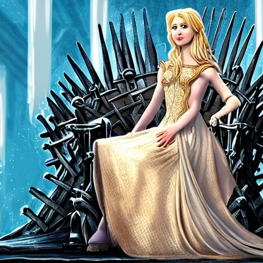 Prompt: a gorgeous princess sitting on the Iron Throne in a song of Ice and fire, realistic illustration