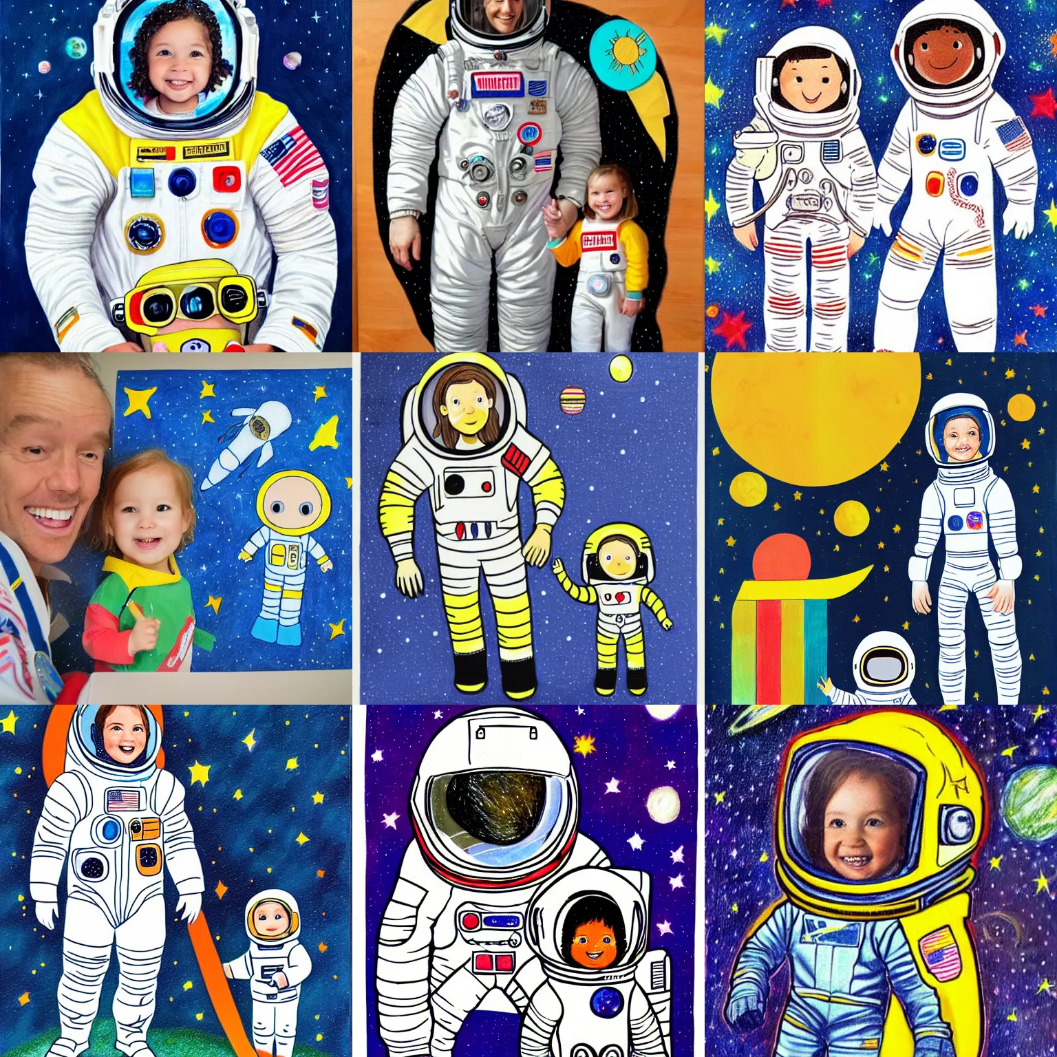 Prompt: a fully suited father astronaut with his fully suited toddler daughter, children's artwork, crayon, highly detailed