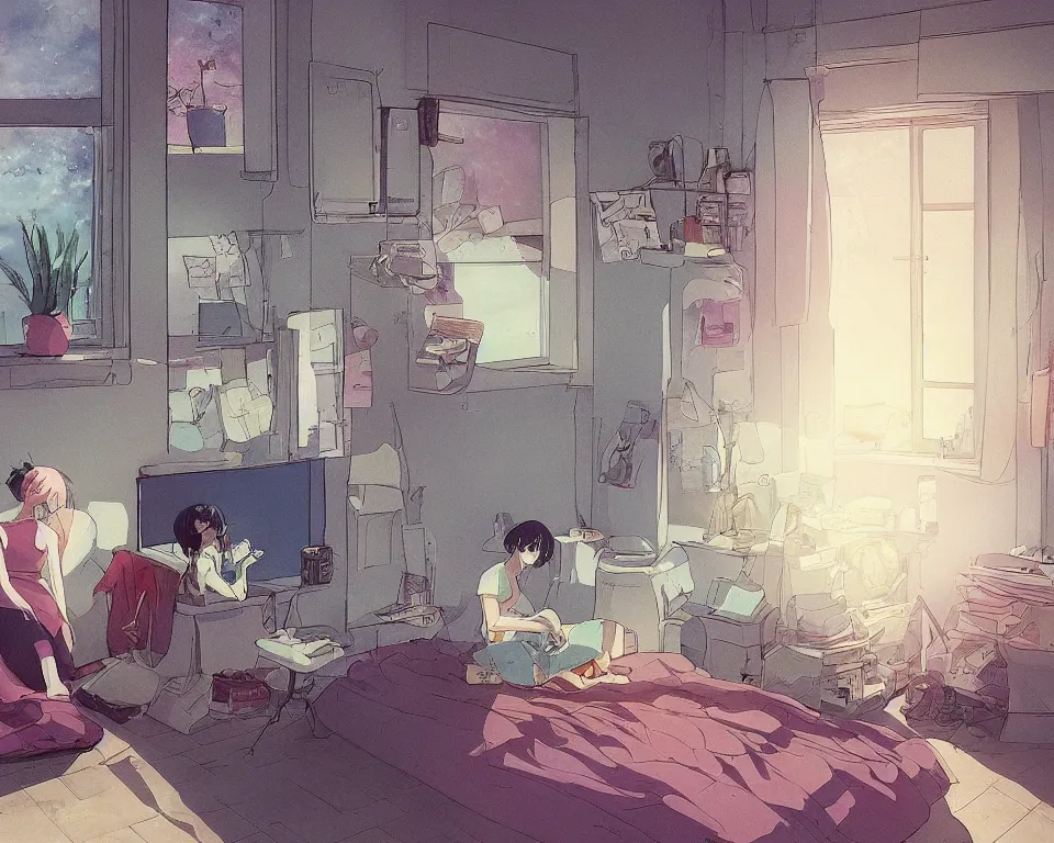 Prompt: beautiful illustration of one female and her cat in her small studio apartment, there is a window which looks out to a futuristic city at night, anime manga style, aesthetic, scene from the movie'your name ', makoto shinkai