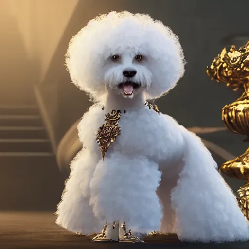 Image similar to bichon frise, fairy tale, stunning, surrounding cinematic light, hyper detailed, ornate and intricate, 4 k cinematic octane render