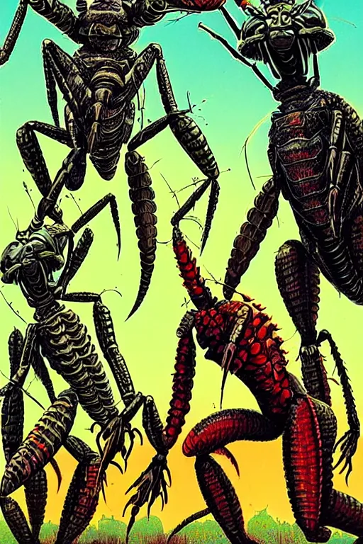 Image similar to insectoids culling puny humans, giant insect monsters, movie poster, digital science fiction pulp art