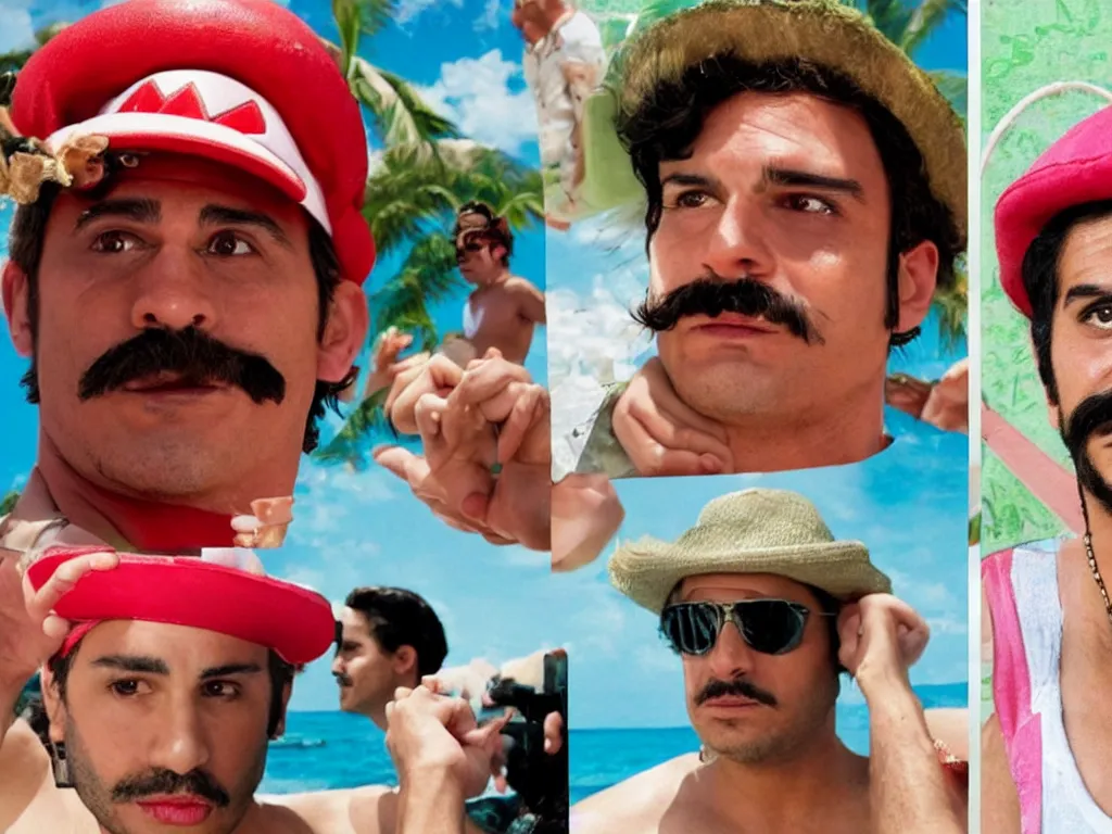 Image similar to Close up of Mario in a hat and Gomez in Harmony Korine Spring Breakers film aesthetic!!! photorealistic