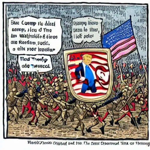 Image similar to political cartoon in color of trump cowering beneath a shield made of hundreds of tiny little people. the shield is being pelted by arrows. ( side view of trump in a squatting position holding the human shield )