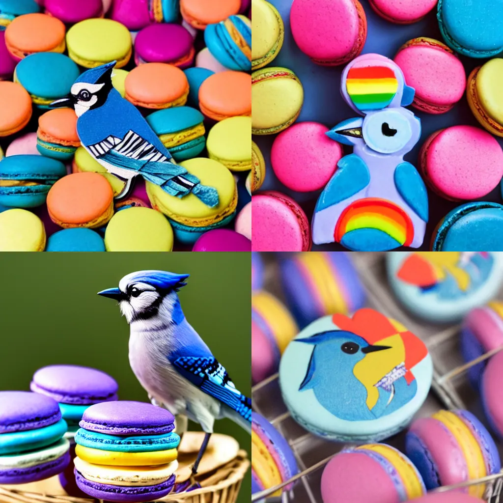 Prompt: A blue jay standing on a large basket of rainbow macarons.