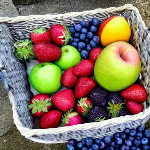 Image similar to 3 baskets filled with 3 different fruits, the left basket filled with strawberries, the middle basket filled with blueberries, the right basket filled with apples
