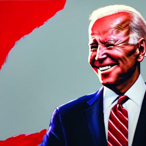 Image similar to Biden smiling with red glowing eyes staring at a crowd of people crying, oil painting