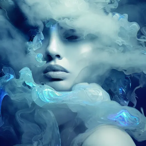 Prompt: A beautiful form made of pale blue smoke in the style of Aldo Katayanagi + Thick Milky Smoke + Mother Of Pearl +Milk and ink+ Iridescent smoky Elements + Moody Cinematic Lighting + Deep Shadows + Hyper Realistic + Maximalist Composition + Intricate Eldritch tendrils + 8K portrait + fluid dynamics