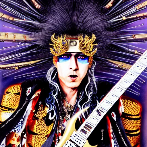 Image similar to uhd photorealistic detailed image of max voltage, the rock and roll emperor, dressed as a hair metal emperor, powering up, wearing extremely intricate rock and roll emperor costume and emperor makeup, with an emperor's electric guitar, by ayami kojima, amano, and karol bak