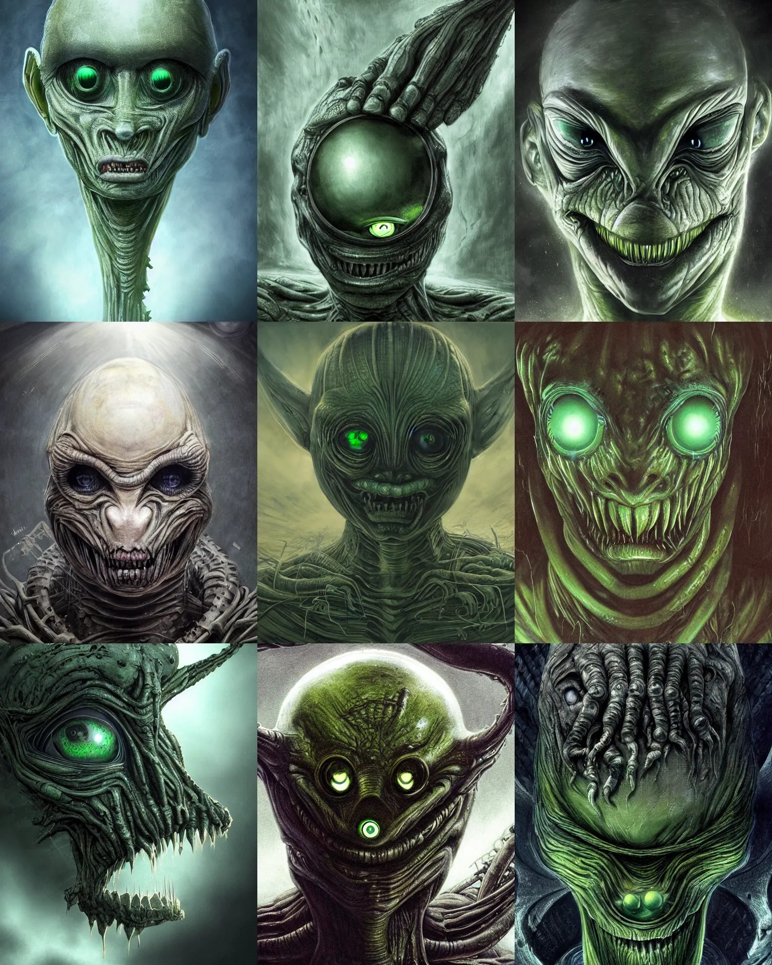 Prompt: grotesque alien with long forehead. green semitransparant cloudy glowing faceted eyes. high quality photorealistic 4 k, hyperrealism, volumetric fog, serious, dark, scary, fear, intricate concept art of h. r. giger, symmetric, horror, kaiju looking down worms - eye - view