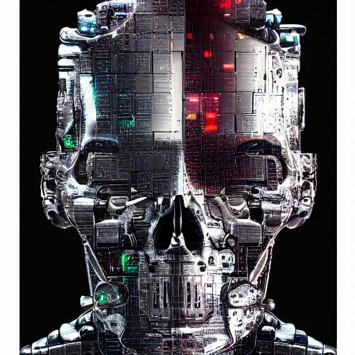 Image similar to super detailed portrait of a terminator's head, packed with cybernetics and and borg enhancements