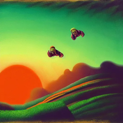 Image similar to a painting of three small orange people flying over rolling green hills, far away, inspiring, beautiful, brightly colored, paranormal, in the style of John Martin, red and green color scheme, Kanye West Donda Album Cover