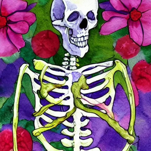 Image similar to skeleton surrounded by flowers, watercolor