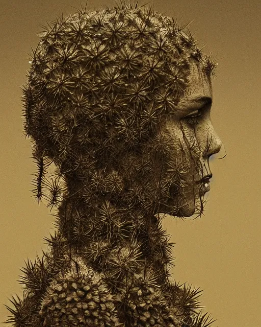 Image similar to a young woman's face in profile, made of cactus spines, in the style of the Dutch masters and Gregory Crewdson, dark and moody