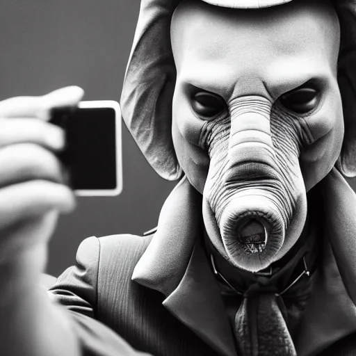 Image similar to the elephant man using an iphone to take a selfie