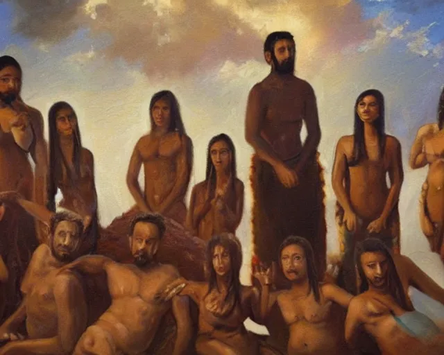 Image similar to beautiful oil painting of a brown man and his 7 wives in the afterlife.