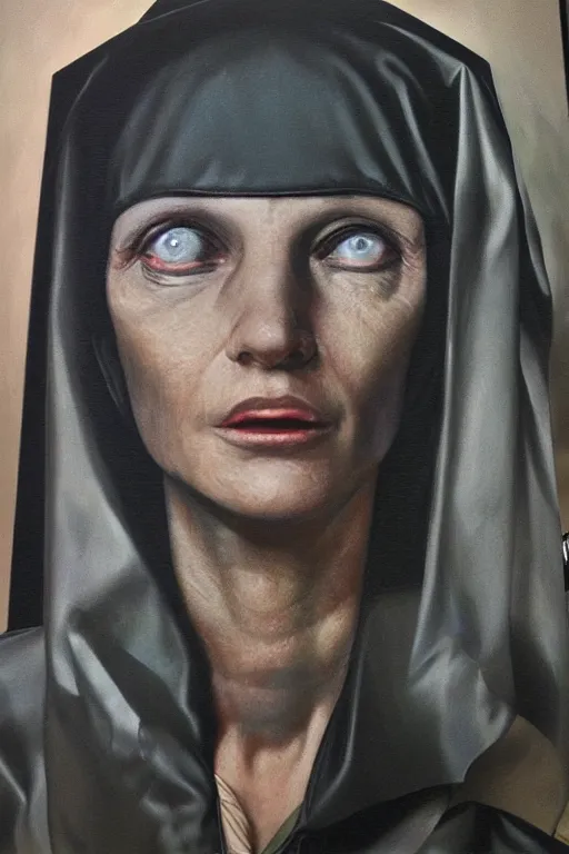 Image similar to hyperrealism oil painting mixed with 8 0 s sci - fi art, complete darkness background, close - up face portrait from above, nun fashion model, lost her faith