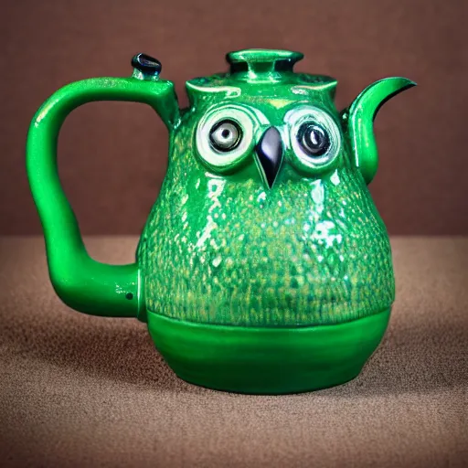 Prompt: still life photograph of an owl kettle with a green handle, glazed ceramic, tilt shift, very beautiful, global illumination, intricate linework, short spout