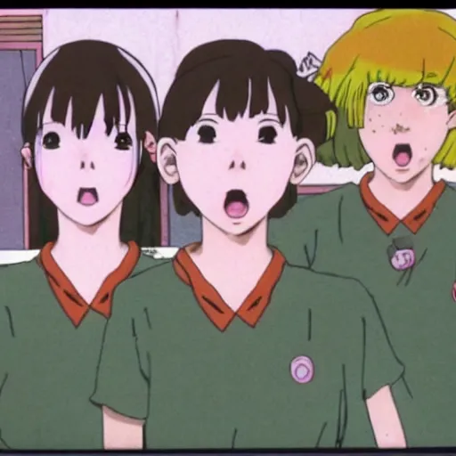 Image similar to screenshot from guro anime, 8 0's horror anime, yellowed grainy vhs footage with noise, four schoolgirls trapped in a bathroom, bathroom stalls and sinks and tiled floor, girls are in beige sailor school uniforms, one girl has white hair, detailed expressive faces, various hair colors and styles, in the style of studio ghibli,